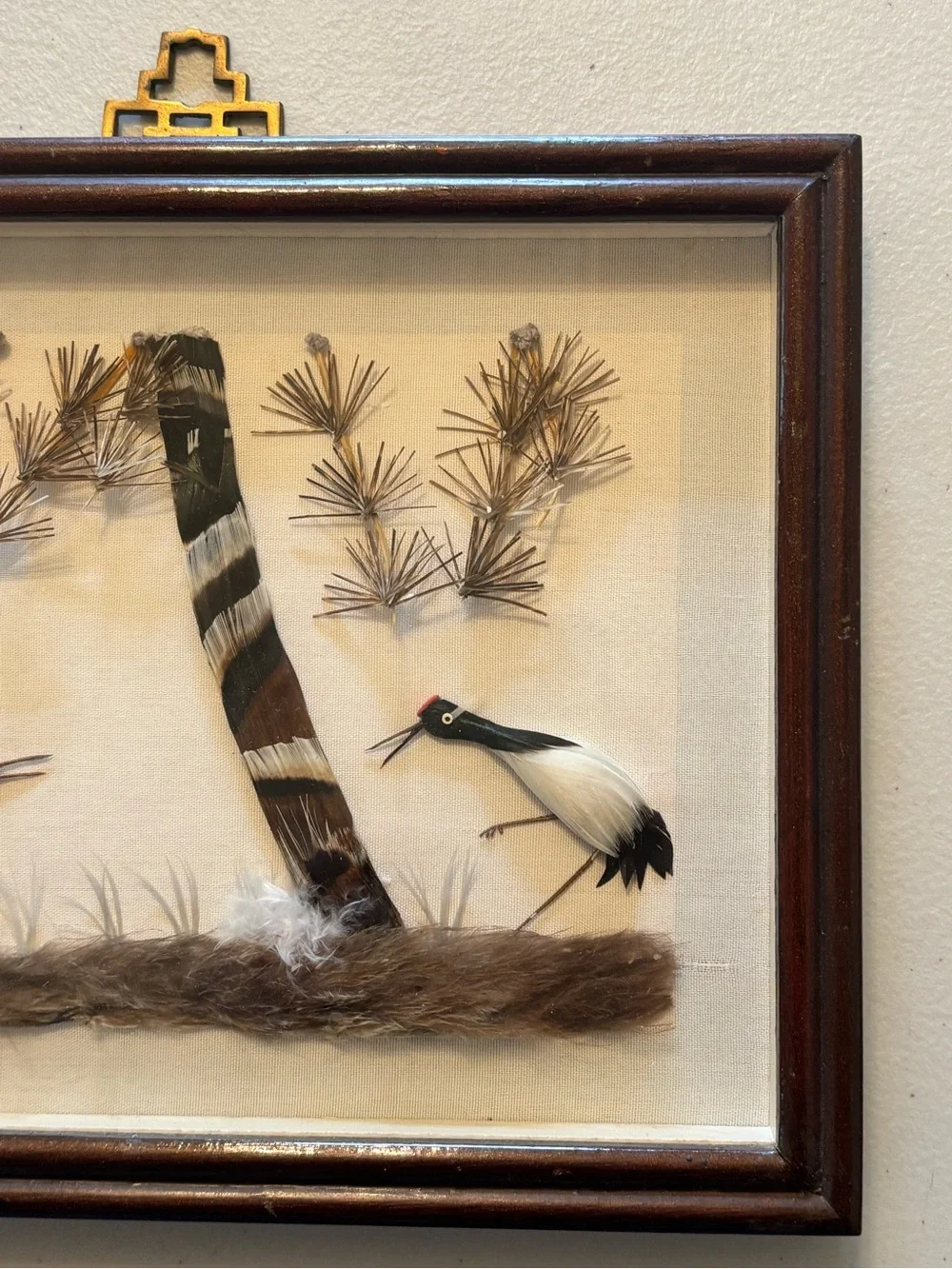 Vintage Mid 20th Century Asian 3D Feather Art Shadow Box w/felt backing